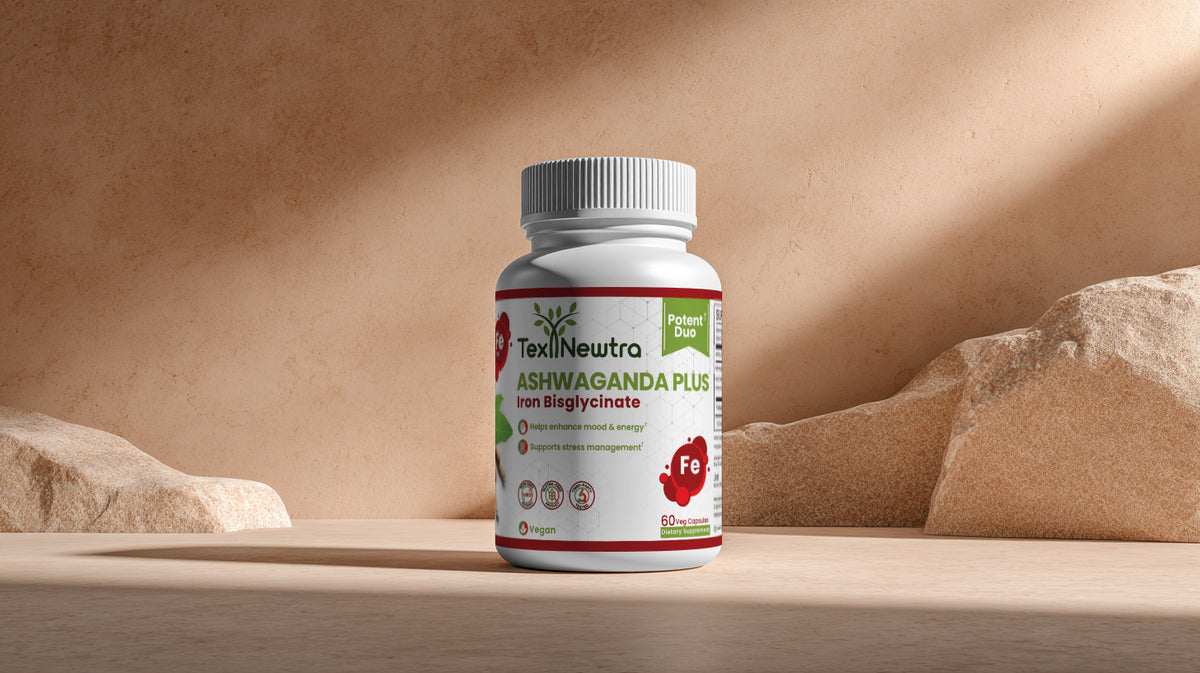 Hand holding a white supplement bottle in a warm, softly lit setting
